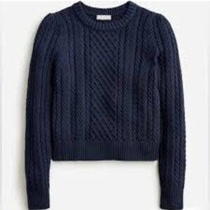 J.Crew Cable-knit puff-sleeve Crewneck Fisherman Sweater Size Large in Navy Blue